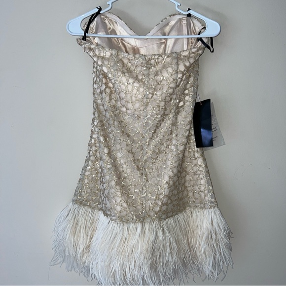 NWT Bebe Gold Cream Sequin Strapless Isis Feather Dress Women’s Medium New Tags - Picture 6 of 11